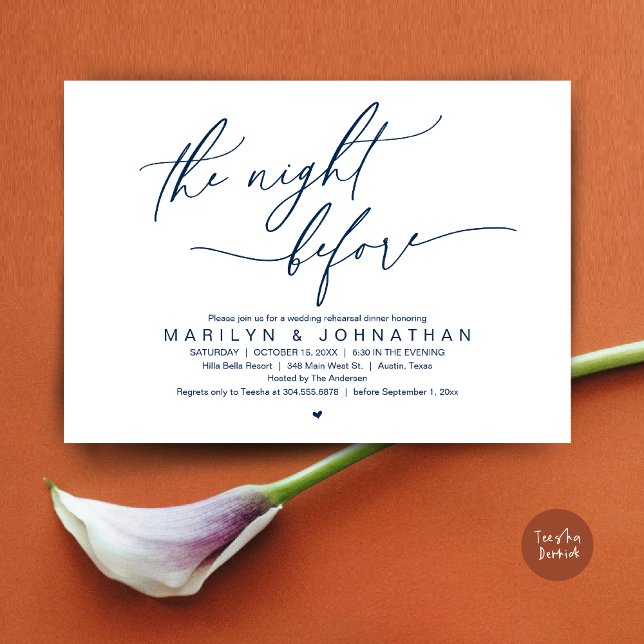 The Night Before, Wedding Rehearsal Dinner Party Invitation (The Night Before, Romantic Modern Wedding Rehearsal Dinner Party Invitation Card PDF Navy Blue)