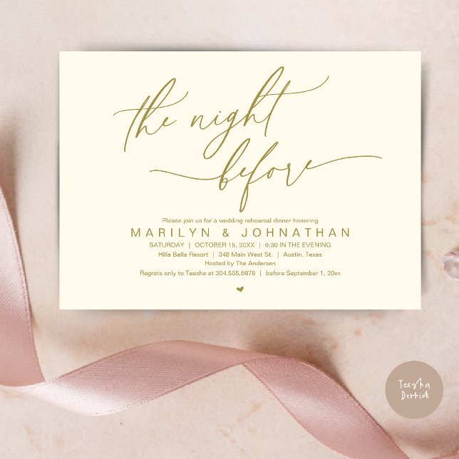 The Night Before, Wedding Rehearsal Dinner Party Invitation (The Night Before, Romantic Modern Wedding Rehearsal Dinner Party Invitation Card PDF Yellow Gold)