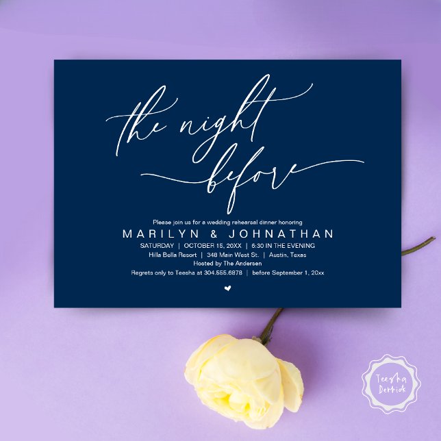 The Night Before, Wedding Rehearsal Dinner Party Invitation (The Night Before, Romantic Modern Wedding Rehearsal Dinner Party Invitation Card PDF Navy Blue)