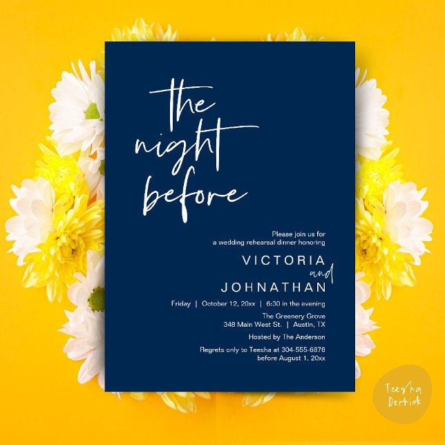 The Night Before, Wedding Rehearsal Party Dinner Invitation (The Night Before, Wedding Rehearsal Dinner Party Invites Card PDF Romantic Modern Casual Navy Blue)