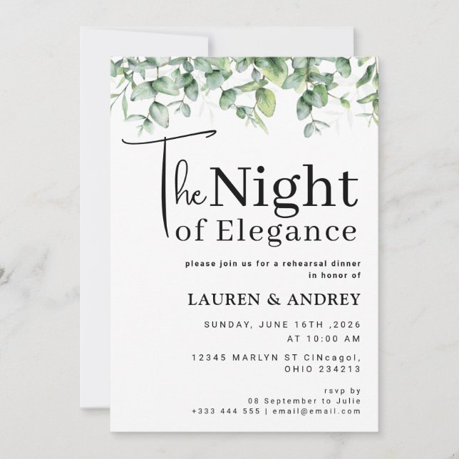 The Night of Elegance Rehearsal Dinner Invitation (Front)