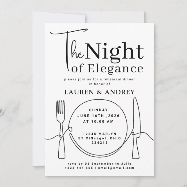 The Night of Elegance Rehearsal Dinner Invitation (Front)