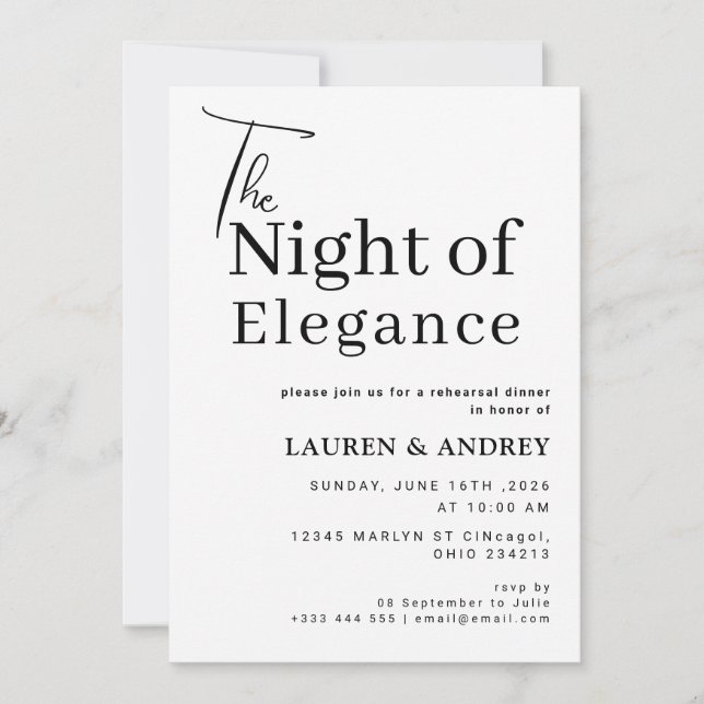 The Night of Elegance Rehearsal Dinner Invitation (Front)