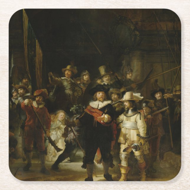 The Night Watch, Rembrandt van Rijn Square Paper Coaster (Front)