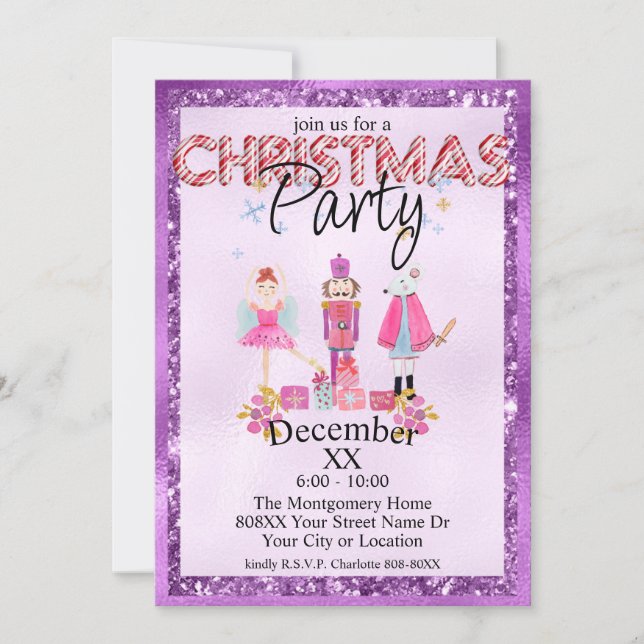 The Nutcracker Christmas Watercolor Purple Glitter Invitation (Front)