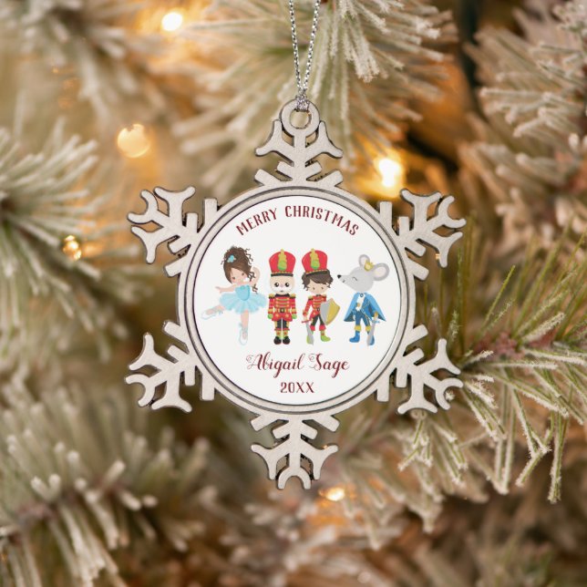 The Nutcracker, Clara, Mouse King Ballet Winter Snowflake Pewter Christmas Ornament (Tree)