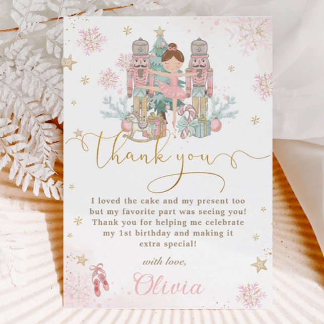 The Nutcracker Winter Onederland 1st Birthday  Thank You Card (pink-sweet-pastel-the-nutcracker-ballet-winter-onederland-wonderland-1st-birthday-party-thank-you)