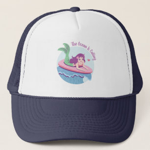 The Ocean Is Calling Mermaid Surfer Riding Waves Trucker Hat