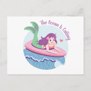 The Ocean Is Calling Surfing Mermaid Funny Postcard
