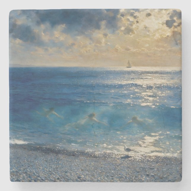 The Ocean Keeps Secrets – A Compelling Seascape Stone Coaster (Front)