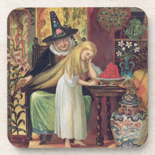 The Old Witch combing Gerda's hair with a golden c Coaster