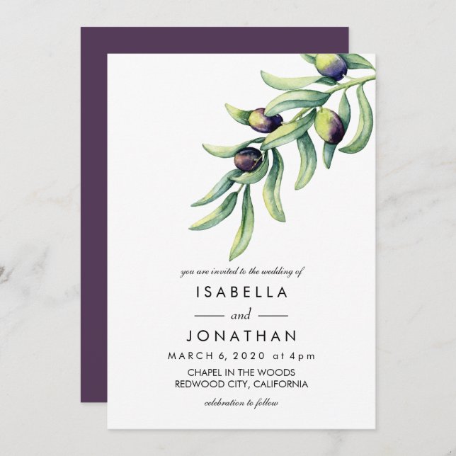 The Olive Grove | Watercolor rustic wedding Invitation (Front/Back)