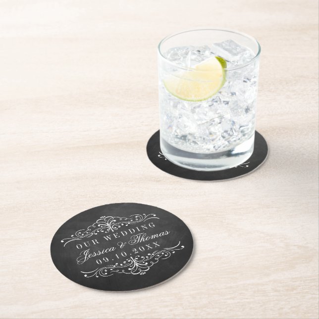 The Ornate Chalkboard Wedding Collection Round Paper Coaster (Insitu)