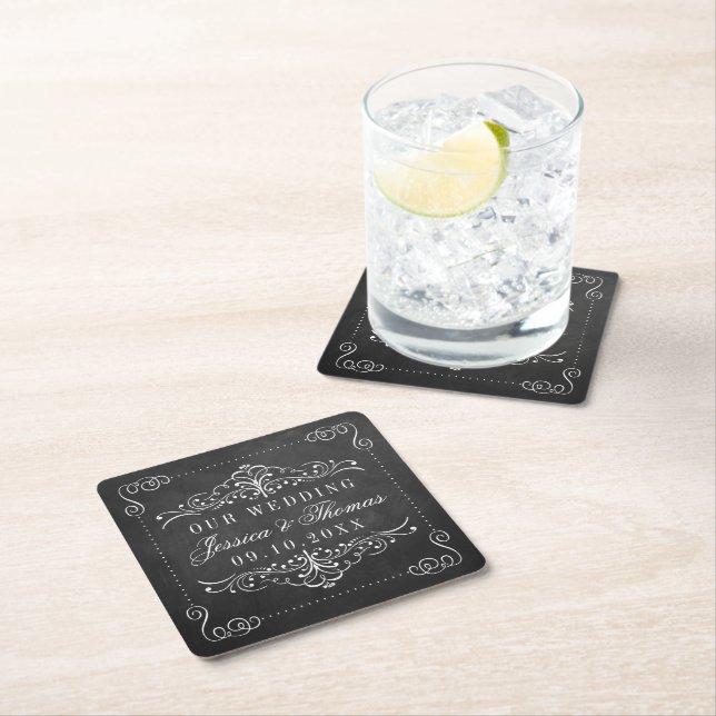 The Ornate Chalkboard Wedding Collection Square Paper Coaster (Insitu)