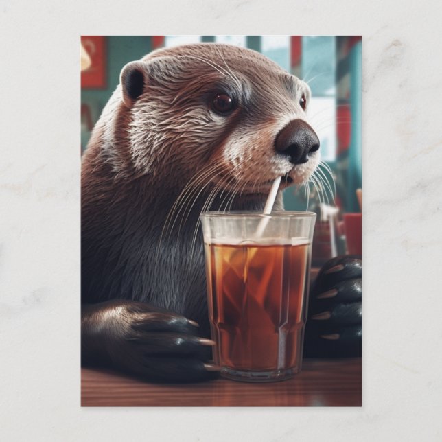The Otter Drinking a Ice Tea in a Cafe Postcard (Front)
