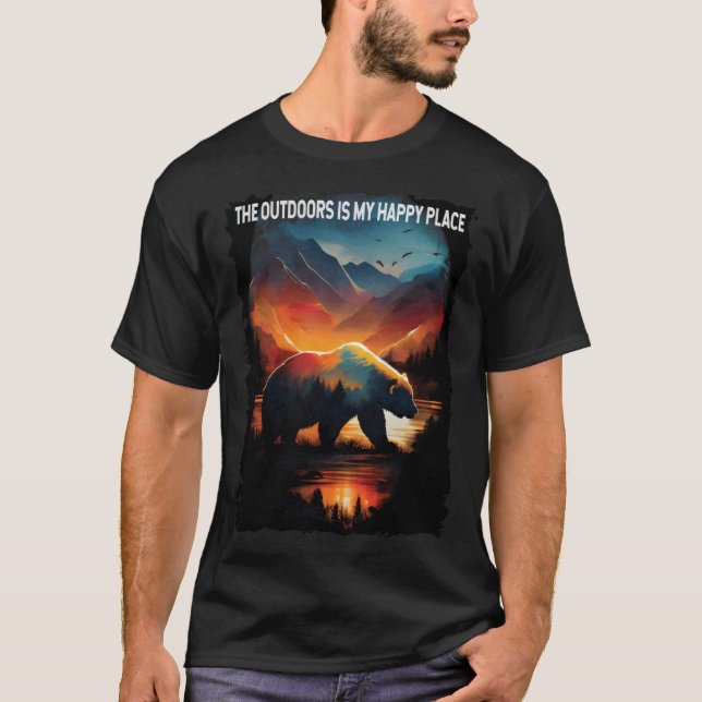The Outdoors Is My Happy Place bear hiking camping T-Shirt (Front)