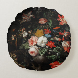 The Overturned Bouquet by Abraham Mignon Round Cushion