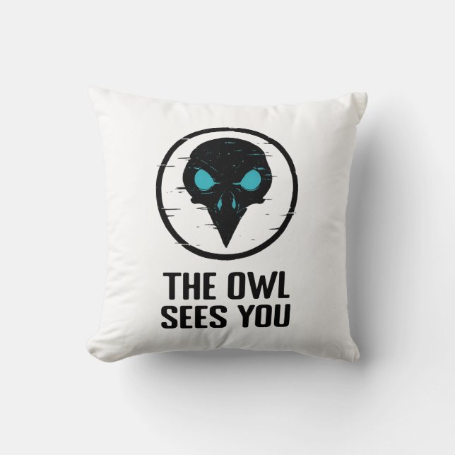 The Owl Sees You - Glitch Eye Horror Shirt - White Cushion (Front)