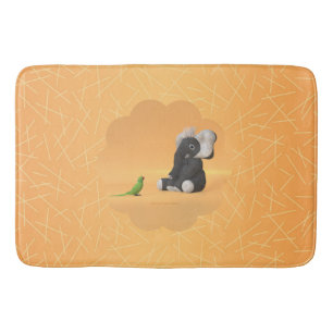 The parrot meets a stuffed elephant bath mat