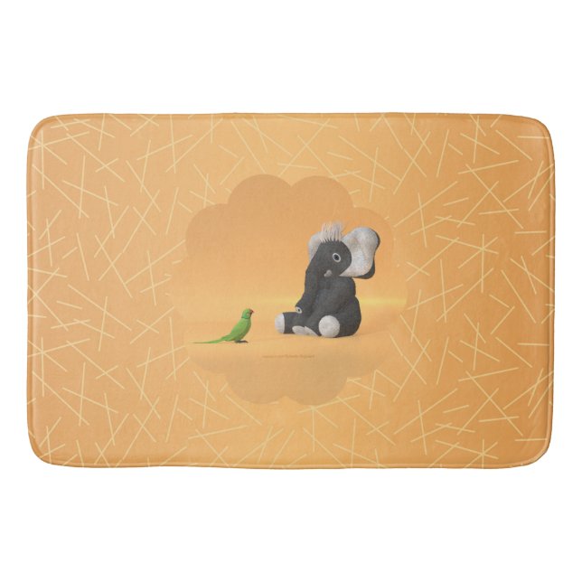 The parrot meets a stuffed elephant bath mat (Front)
