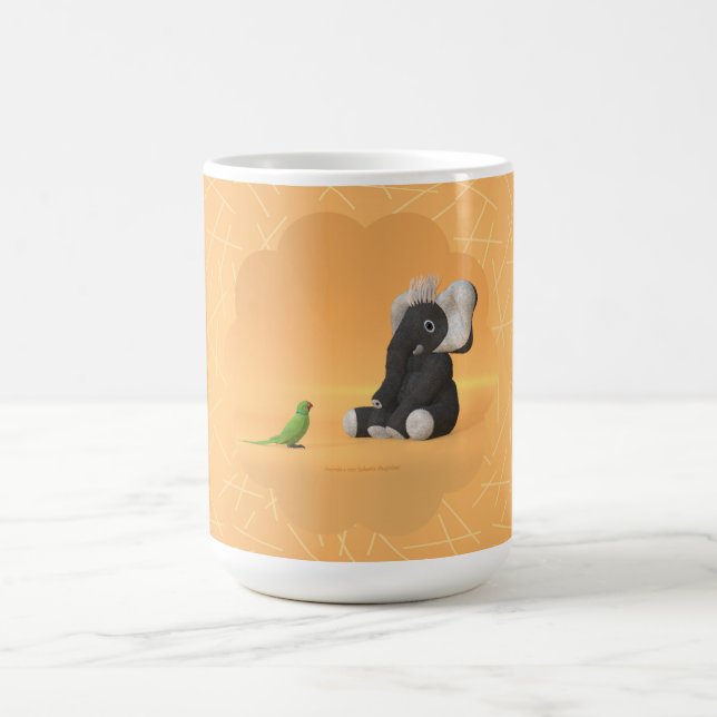 The parrot meets a stuffed elephant coffee mug (Center)