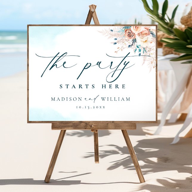 The Party Starts Here Blue Beach Wedding Poster (Creator Uploaded)