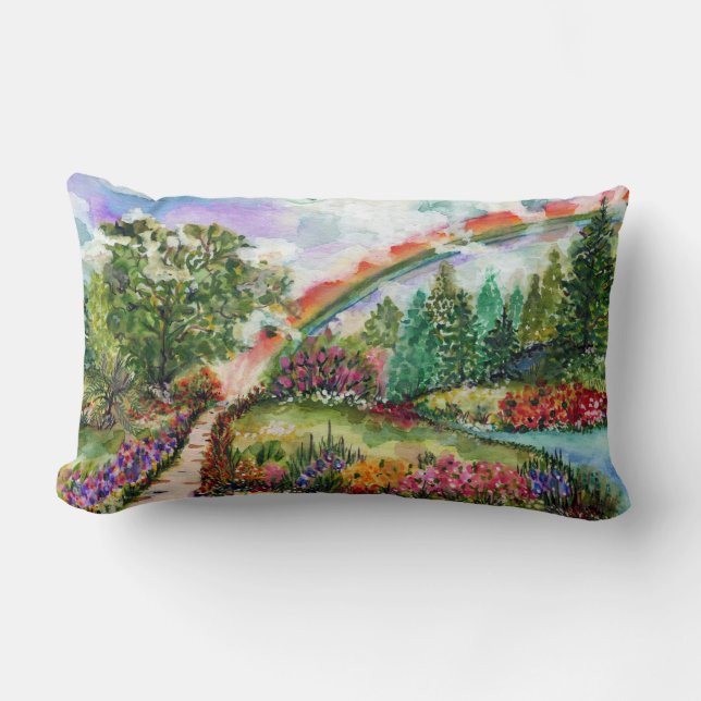 The Path. Rainbow and flowers.  Lumbar Cushion (Front)