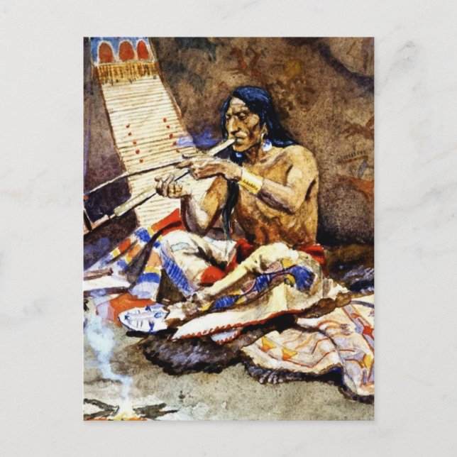 “The Peace Pipe” by Charles M Russell Postcard (Front)