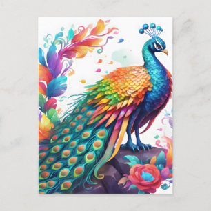 The peacock is a brightly coloured bird that is kn postcard