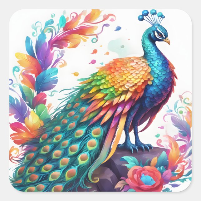 The peacock is a brightly coloured bird that is kn square sticker (Front)