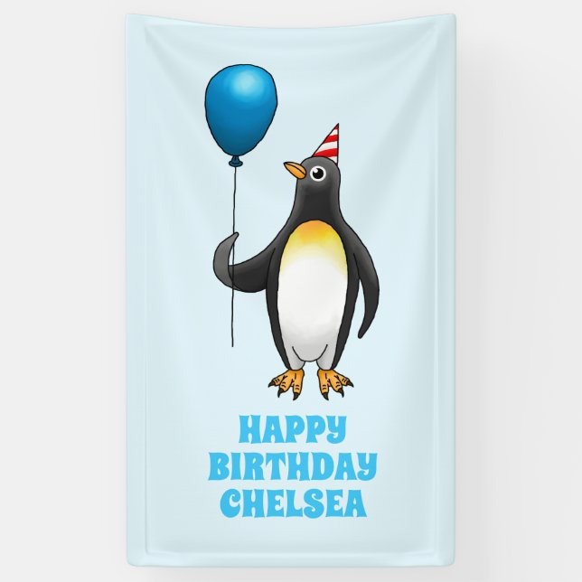 The penguin with the blue balloon banner (Vertical)