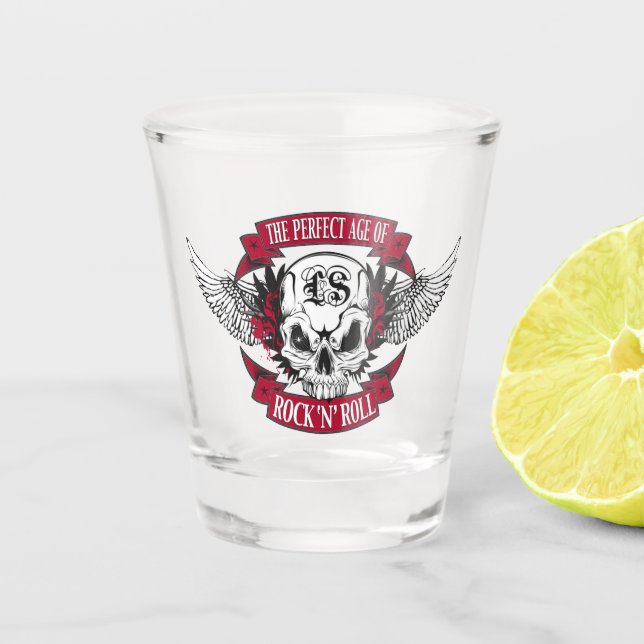 The perfect age to rock and  roll Shot glass (Front)