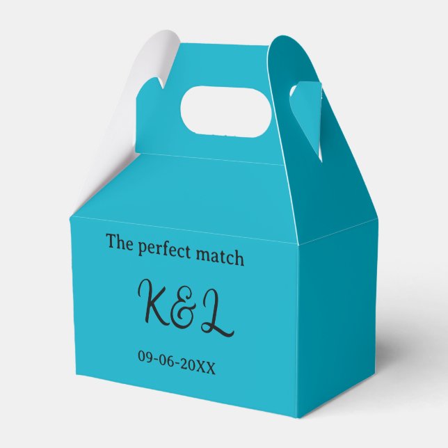 The perfect match couple name letter date blue sim favour box (Front Side)