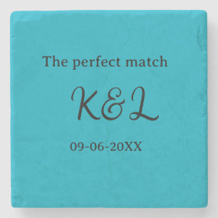 The perfect match couple name letter date blue sim stone coaster