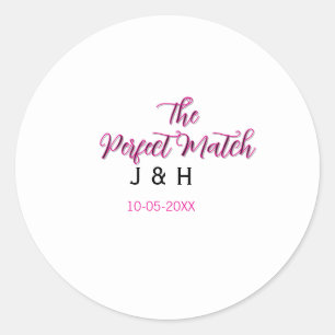 The perfect match pink black name date wedding cou classic round sticker