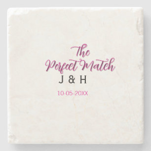 The perfect match pink black name date wedding cou stone coaster