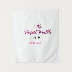 The perfect match pink black name date wedding cou tapestry