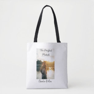 The perfect match wedding couple photo modern add  tote bag