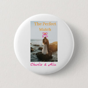 The perfect match wedding couple photo retro pink  6 cm round badge