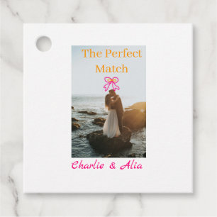 The perfect match wedding couple photo retro pink favour tags
