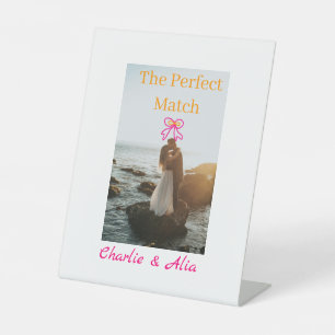 The perfect match wedding couple photo retro pink  pedestal sign