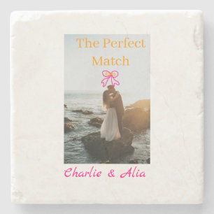 The perfect match wedding couple photo retro pink  stone coaster