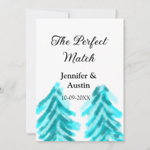 The perfect match winter blue pine tree wedding na invitation