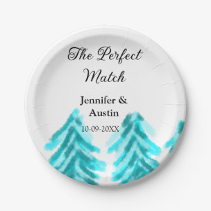 The perfect match winter blue pine tree wedding na paper plate
