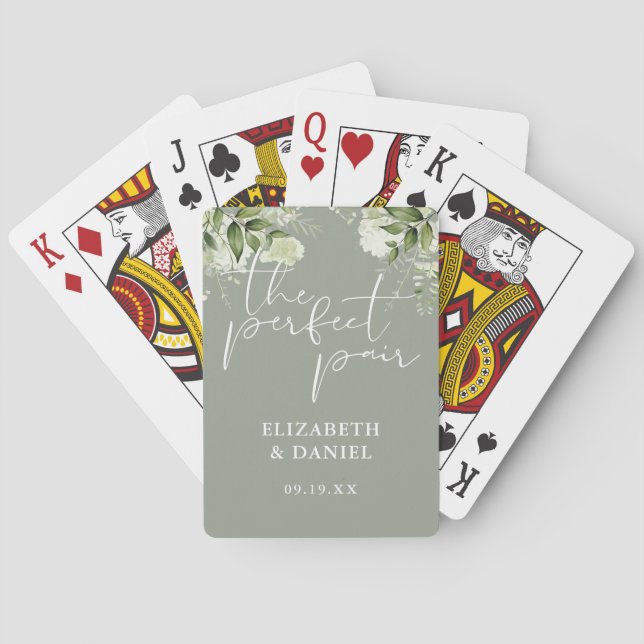 The Perfect Pair Greenery Sage Green Wedding Favor Playing Cards (Back)
