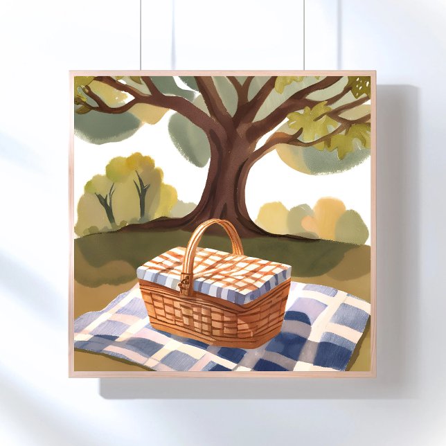 The Picnic | Blue White Striped Wicker Watercolor Poster (Creator Uploaded)