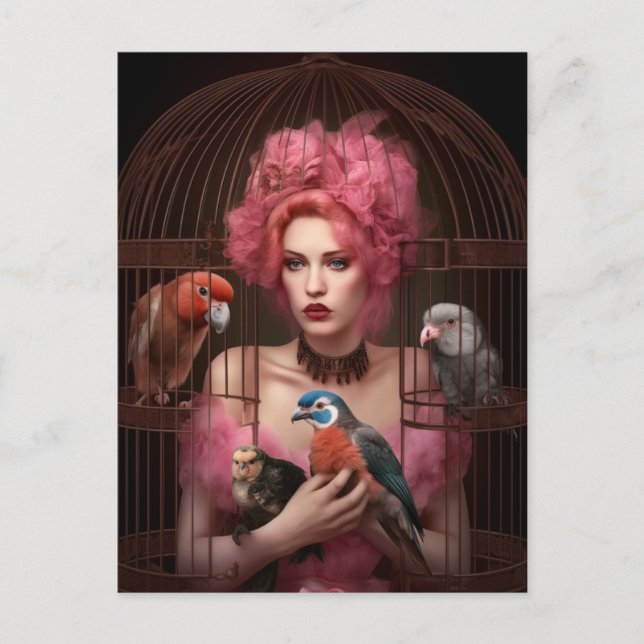 The Pink Haired Lady and Birds Postcard (Front)