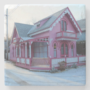 The Pink House in Snow - Martha's Vineyard Stone Coaster