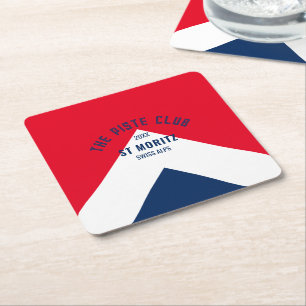 The Piste Club Navy Red Custom Winter Ski Party Square Paper Coaster