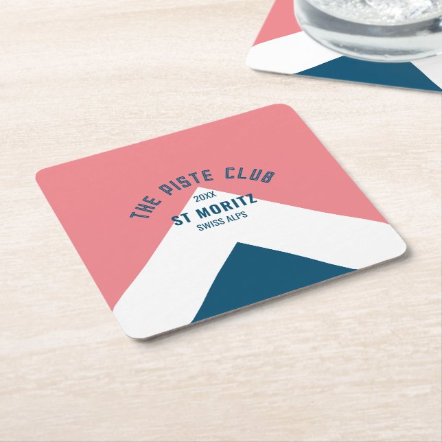 The Piste Club Pink Blue Custom Winter Ski Party Square Paper Coaster (Angled)